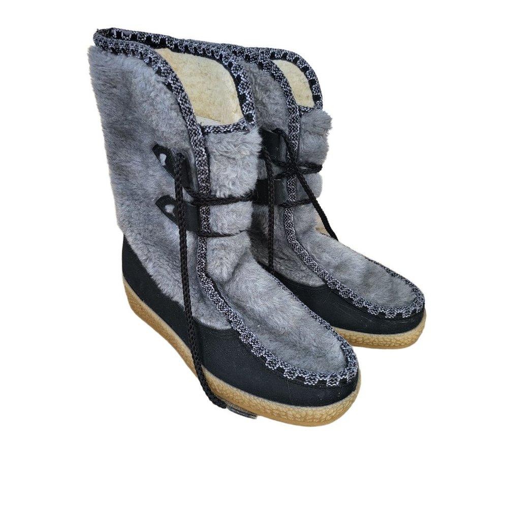 Snowland Vintage Snow Boots 7 Womens Grey Mid Calf Lace‎ Up Round Toe Warm